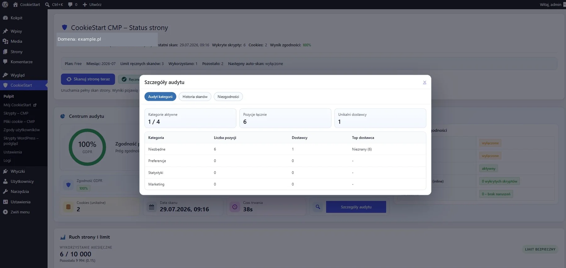 Szczegóły audytu technicznego w panelu WordPress