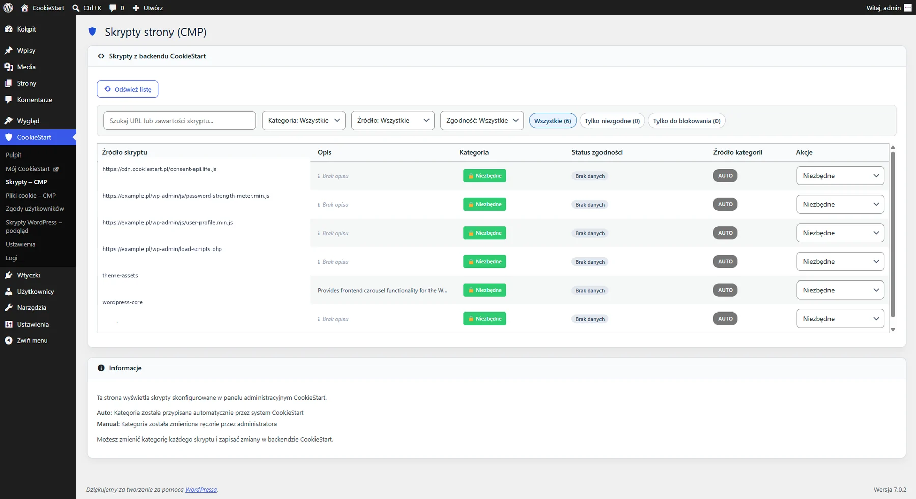 Lista skryptów CMP we wtyczce WordPress